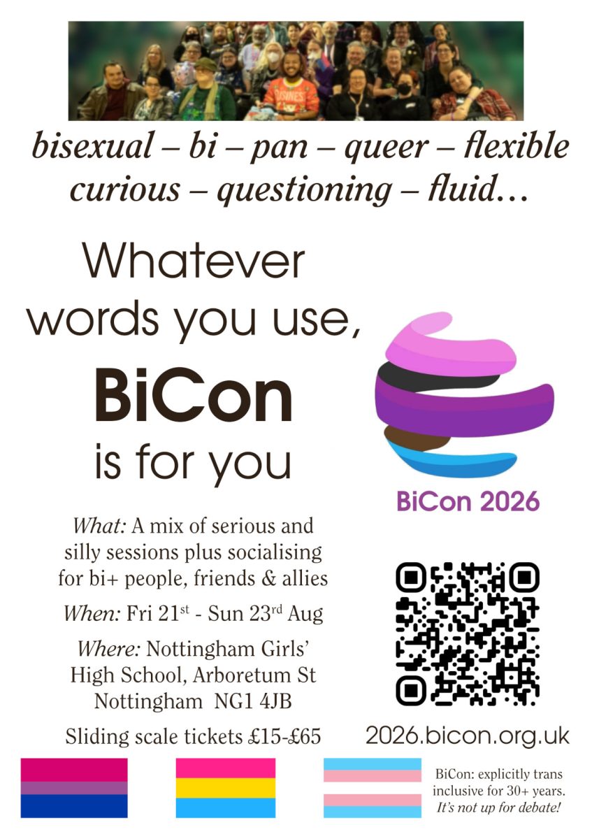 The front of a poster / flyer for BiCon 2026, with a photo of attendees of an earlier one, the message that all identities are welcome, plus date and place etc